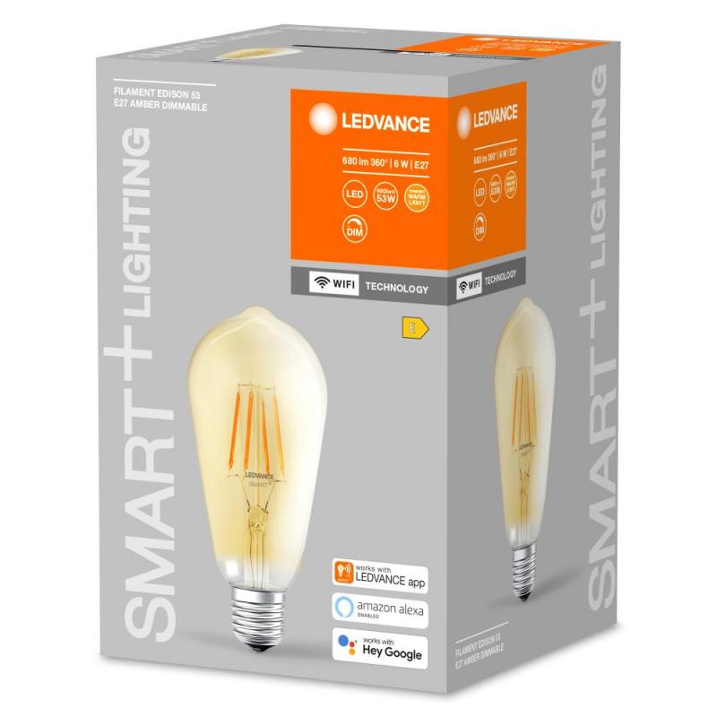 LEDVANCE smarte E27 WiFi Kolben Filament Lampe Gold mit extra warmweißem Licht 6W wie 53W dimmbar